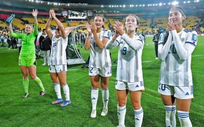 <p><strong>TOP ACHIEVER.</strong> Members of the Philippine team celebrate their 1-0 victory over New Zealand in Group A of the FIFA Women's World Cup in Wellington, New Zealand on July 25, 2023. The Philippine Sportswriters Association picked the Filipinas as the top achiever for July.<em> (Contributed photo)</em></p>