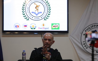 <p><strong>JONES CUP CAMPAIGN</strong>. Rain or Shine head coach Yeng Guiao talks about the team's participation in the 42nd Jones Cup during the Philippine Sportswriters Association (PSA) Forum on Tuesday (Aug. 1, 2023). The annual tournament will be held from Aug. 12 to 20 in Chinese Taipei.<em> (PNA photo by Jesus M. Escaros Jr.)</em></p>