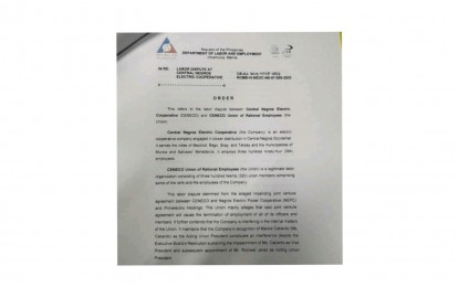 <p><strong>LABOR DISPUTE.</strong> The first page of the order issued by Secretary Bienvenido Laguesma of the Department of Labor and Employment, assuming jurisdiction over the labor dispute between the Central Negros Electric Cooperative (Ceneco) and the Ceneco Union of Rational Employees after both parties failed to resolve issues related to the distribution utility’s proposed joint venture agreement with a private entity. In the order, the DOLE chief summoned both parties to a conference at its central office in Manila on Aug. 7, 2023. <em>(PNA Bacolod photo)</em></p>