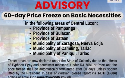 <p><strong>PRICE FREEZE</strong>. A price freeze is in effect in several areas of Central Luzon which were placed under a state of calamity effective Wednesday (Aug. 2, 2023). Under the Price Act, all basic goods are placed under a price freeze for 60 days, while prices of household liquefied petroleum gas (LPG) and kerosene shall be frozen for 15 days. <em>(Infographic courtesy of DTI-Central Luzon)</em></p>