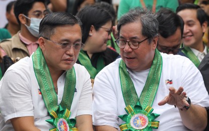 <p><strong>YET TO BE CONFIRMED.</strong> Health Secretary Teodoro Herbosa (right) chats with Senator Christopher Bong Go, chairperson of both Senate Committee on Health and the Commission on Appointments, during the groundbreaking ceremony of the Barangay 28 Super Health Center in Caloocan City on Aug. 2, 2023. The Commission on Appointments heard on Tuesday (Sept. 26, 2023) Herbosa’s plans on how to improve the country's health sector but suspended his confirmation hearing due to lack of time. <em>(PNA file photo by Yancy Lim)</em></p>