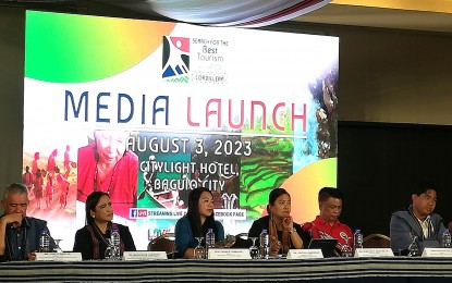 <p><strong>LAUNCHING.</strong> The Department of Tourism-Cordillera launches the 2nd Search for the Best Tourism Village in Cordillera in an event in Baguio City on Thursday (Aug. 8, 2023). The search aims to boost the economic condition of the people in villages while protecting the environment and preserving culture. <em>(PNA photo by Liza T. Agoot)</em></p>