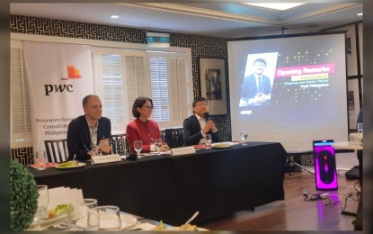 <p><strong>GLOBAL WORKFORCE SURVEY</strong>. PwC executives lead the media launch of the Global Workforce Hopes and Fears Survey at Romulo's Cafe in Makati City on Aug. 3, 2023. From left to right are PwC Southeast Asia workforce transformation leader Martijn Schouten, PwC Philippines managing principal Veronica Bartolome and PwC chairman and senior partner Roderick Danao. <em>(PNA photo by Kris Crismundo)</em></p>