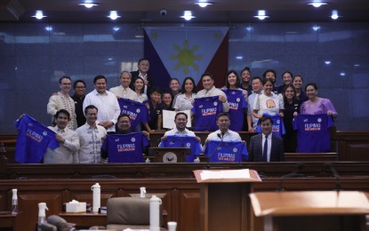 <p><strong>FILIPINAS AT THE SENATE.</strong> The Philippine women’s football team is honored at the Senate on Monday (Aug. 7, 2023) for their historic FIFA World Cup stint in New Zealand in late July, highlighted by a 1-0 win over the host nation. Senate President Juan Miguel Zubiri and his colleagues handed Resolution No. 80, which commends and congratulates the Filipinas for their phenomenal performance, the Philippines’ first-ever appearance at a FIFA World Cup, men’s and women’s. <em>(PNA photo by Avito C. Dalan)</em></p>