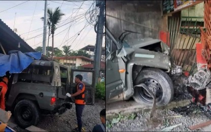 <p><strong>ROAD CRASH.</strong> An Army vehicle was damaged after crashing into a gasoline station in Molave, Zamboanga del Sur, on Monday (Aug. 7, 2023). Three persons, including a 4-year-old boy, were injured in the mishap.<em> (Photo courtesy of Loargie Gerebese)</em></p>