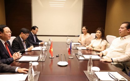 <p><strong>RICE SUPPLY</strong>. House Speaker Ferdinand Martin G. Romualdez and National Assembly of Vietnam President Vuong Dinh Hue meet on the eve of the formal opening of the 44th AIPA (ASEAN Parliamentary Assembly) general assembly in Jakarta, Indonesia on Sunday (Aug. 7, 2023). Vuong Dinh Hue assured to continue to provide the Philippines with a stable supply of rice at affordable prices.<em> (Photo courtesy of the Office of the Speaker)</em></p>