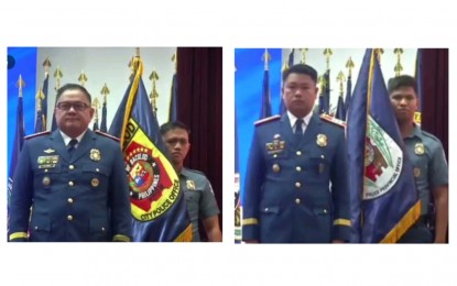 <p><strong>AWARDEES</strong>. Col. Noel Aliño (left), city director of Bacolod City Police Office, and Col. Leo Pamittan, provincial director of Negros Occidental Police Provincial Office, receive the awards for Best City Police Office and Best Police Provincial Office, respectively, during the 122nd Police Service anniversary of the Philippine National Police at Camp Crame in Quezon City on Tuesday (Aug. 8, 2023). The awards were given by PNP chief Gen. Benjamin Acorda Jr. and Senate President Juan Miguel Zubiri, the event’s guest of honor. <em>(Screenshots from the PNP Facebook Live video)</em></p>