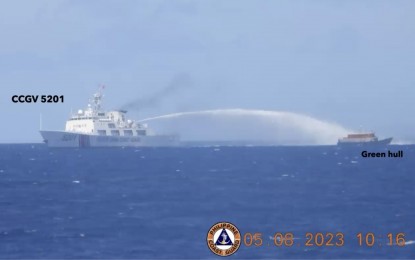 <div dir="auto"><strong>FIRM AMID CHALLENGES</strong>. A Chinese Coast Guard vessel uses a water cannon on a Philippine military-commissioned boat while en route to Ayungin Shoal to resupply Filipino troops stationed at the BRP Sierra Madre on the morning of Aug. 5, 2023.  One of the boats chartered for the resupply mission was able to break through and deliver some supplies to the beached BRP Sierra Madre. <em>(Photo courtesy of the Philippine Coast Guard)</em></div>