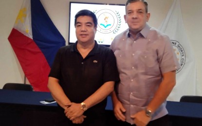 <p><strong>SPORTS EXECUTIVES.</strong> Philippine Basketball Association (PBA) commissioner Willie Marcial (left) with former PBA player and now Philippine Sports Commission chairman Richard Bachmann during the Philippine Sportswriters Association Forum at the Philippine Sports Commission conference hall inside the Rizal Memorial Sports Complex on Tuesday (Aug. 8, 2023). During the weekly forum, Marcial announced the PBA’s calendar of activities this year. <em>(Contributed photo)</em></p>