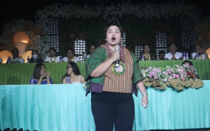 <p><strong>CELEBRATION</strong>. Tuguegarao City Mayor Maila Ting-Que delivers her message during the opening of the Pavvurulun Afi Festival at the Cagayan Sports Complex on Tuesday night (Aug. 8, 2023). The festivities will run until Aug. 17, with various events lined up including trade and food fairs, band concerts, and civic and sports events. <em>(PNA photo by Villamor Visaya Jr.)</em></p>