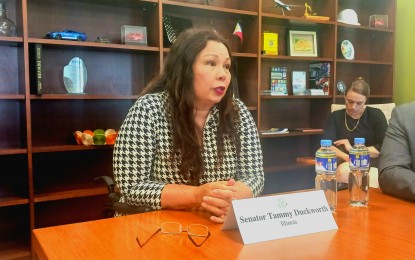 <p><strong>MANILA VISIT.</strong> United States Senator Tammy Duckworth answers questions during a media briefing at the US Embassy in Manila on Tuesday (Aug. 8, 2023). Duckworth eyes the Philippines as a manufacturing source for electric vehicle components to be exported to the US market. <em>(PNA photo by Kris Crismundo)</em></p>