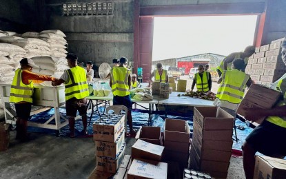 <p><strong>FOOD AID.</strong> Department of Social Welfare and Development in Bicol (DSWD-5) personnel repack family food items for Mayon-affected families at the agency's regional warehouse in Barangay Bogtong, Legazpi City on Wednesday (Aug. 8, 2023). DSWD-5 has distributed 33,000 family food packs to eight local government units comprising the 4th wave of assistance for Mayon evacuees. <em>(Photo courtesy of DSWD-5)</em></p>