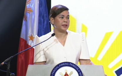 <p><strong>STRENGTHENING BASIC EDUCATION.</strong> Department of Education Secretary Vice President Sara Z. Duterte leads the launch of the MATATAG Curriculum at the Sofitel Hotel in Pasay City on Thursday (August 10, 2023). Duterte said the revised basic education curriculum is tailored to produce competent, job-ready, active, responsible, and patriotic citizens. <em>(Screenshot from DepEd YouTube livestream)</em></p>