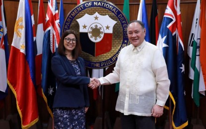 <p><strong>SUPPORT. </strong>Australia Ambassador to the Philippines, Hae Kyong Yu (left) and Department of National Defense Secretary Gilberto C. Teodoro Jr. (right) during their Aug. 8, 2023 meeting at DND headquarters in Camp Aguinaldo, Quezon City. In their meeting, Teodoro expressed his thanks to the Australian Government for its continued support to medical programs of the Armed Forces of the Philippines. <em>(Photo courtesy of the DND)</em></p>