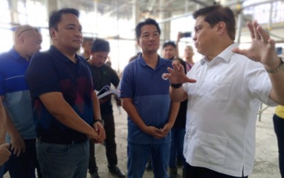 <p><strong>INSPECTION.</strong> Senate President Juan Miguel Zubiri (right), with Bacolod City Mayor Alfredo Abelardo Benitez (center) and Lone District Rep. Greg Gasataya (left), inspects the ongoing construction of the Bacolod City Museum in Barangay Alijis on Saturday (Aug. 12, 2023). Funded through his initiative, the museum-auditorium is slated to be completed next year. <em>(PNA photo by Nanette L. Guadalquiver)</em></p>