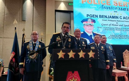 <p><strong>INSTRUCTIONS</strong>. Philippine National Police chief Gen. Benjamin C. Acorda Jr. says he required regional police offices of their deployment plan for the Oct. 30 Barangay and Sangguniang Kabataan Elections (BSKE) in a press conference on the sidelines of the 122nd Police Service Anniversary (PSA) at the Police Regional Office 6 held in a hotel here in Iloilo City on Monday (Aug. 14, 2023). Acorda led the awarding of the best individual and unit awardees to mark the PSA celebration. <em>(PNA photo by PGLena)</em></p>