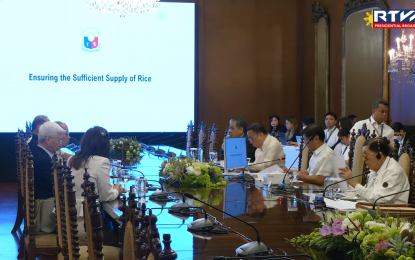 <p class="p1"><span class="s1"><strong>RICE PRODUCTION.</strong> President Ferdinand R. Marcos Jr. (3rd from left, right row) convenes a sectoral meeting with concerned government agencies, including the Department of Agriculture and the National Food Authority, at Malacañan Palace in Manila on Tuesday (Aug. 15, 2023) to discuss the current state of rice supply in the country. Marcos directed the NFA to prioritize the local production of rice. <em>(Screenshot from Radio Television Malacañang)</em><br /></span></p>