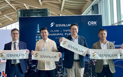 <p><strong>INAUGURAL FLIGHT.</strong> Starlux chief executive officer Glenn Chai,  Bases Conversion and Development Authority (BCDA) President-CEO Joshua Bingcang, Luzon International Premier Airport Development Corporation president-CEO Noel Manankil and BCDA senior vice president Array Perez (from left) lead the ribbon-cutting ceremony during the inaugural flight of Starlux Airlines at the Clark International Airport in Pampanga on Tuesday (Aug. 15, 2023). The event marks the start of the airlines’ Taipei-Clark daily flights. <em>(PNA photo by Marna Del Rosario)</em></p>
<p> </p>