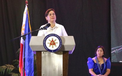 <p><strong>SOCIAL WORK.</strong> Vice President Sara Z. Duterte delivers her speech during the National Social Welfare and Development Forum and General Assembly on Tuesday (Aug. 15, 2023) at the SMX Convention Center in Davao City. She lauded the social workers behind the Kean Gabriel hotline – a helpline for abused kids established when she was then the mayor of Davao City. <em>(PNA photo by Robinson Niñal Jr.)</em></p>