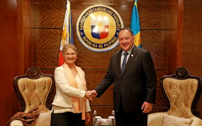 <p><strong>OFFER FOR PAF MODERNIZATION. </strong>Sweden Ambassador to the Philippines, Annika Thunborg (left) and Department of National Defense Secretary Gilberto C. Teodoro Jr. (right) during their meeting at DND headquarters in Camp Aguinaldo, Quezon City on Aug. 14, 2023. During their meeting, Thunborg offered the Saab JAS-39 "Gripen" to the Philippine Air Force for its modernization needs.<em> (Photo courtesy of DND)</em></p>