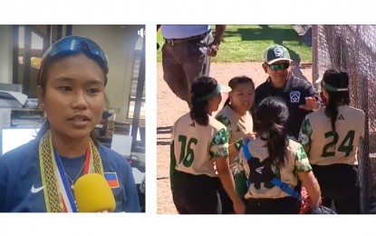 <p><strong>STAR PLAYER.</strong> Pitcher Erica Arnaiz (left) of Bago City, Negros Occidental softball team, the champion of the 2023 Junior League Softball World Series 12-14 division, grants a media interview at the provincial capitol in Bacolod City on Friday (Aug. 18, 2023). Wearing jersey number 24 (right photo), Arnaiz and her teammates get instructions from head coach Francis Fuentes during one of their matches in Kirkland, Washington. <em>(PNA Bacolod photo/Screenshot from Little League website)</em></p>
