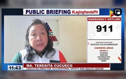 <p>Ma. Teresita Cucueco, executive director of the Occupational Safety and Health Center<em> (Screengrab from Laging Handa briefing)  </em></p>
