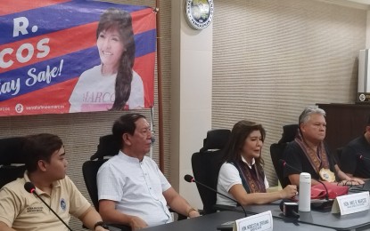<p><strong>PRESS CONFERENCE</strong>. Urbiztondo Vice Mayor Volter Balolong and Mayor Modesto Operania, Senator Imee Marcos and Pangasinan 2nd District Rep. Mark Cojuangco (from left) answer questions from the media during a briefing at the Pangasinan town on Monday (Aug. 21,2023). Marcos also assisted in the distribution of financial assistance to 1,000 residents. <em>(PNA photo by Hilda Austria)</em></p>