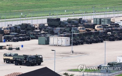 <p><strong>JOINT EXERCISE.</strong> Vehicles are seen at Camp Humphreys in Pyeongtaek, 60 kilometers south of Seoul, on Sunday (Aug. 20, 2023) ahead of the combined Ulchi Freedom Shield exercise set to take place from Aug. 21 to 31. The joint exercises between South Korea and United States aimed to bolster joint readiness posture amid heightened tensions from North Korea's missile tests and hardening rhetoric against the allies. <em>(Yonhap)</em></p>