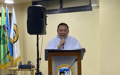 <p><strong>NEW RECTOR</strong>. Rev. Fr. Edwin Lao, University of Santo Tomas UST-Legazpi's new rector and president, answers questions during a press conference on Tuesday (Aug. 22, 2023). Lao serves as the 9th rector of the Catholic high educational institution in Legazpi City. <em>(PNA photo by Connie Calipay)</em></p>