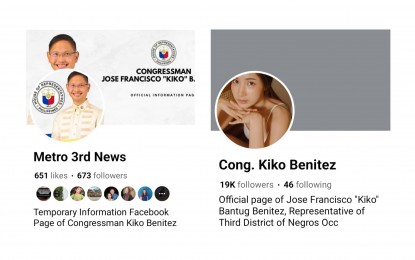 <p><strong>HACKED</strong>. Negros Occidental 3rd District Rep. Jose Francisco Benitez has designated a temporary Facebook page (left) for information released by his office after his official page (right) was hacked on Aug. 21, 2023. “We are actively addressing this issue and working to regain control of the page,” an advisory from his office said Tuesday (Aug. 22, 2023).<em> (Screenshots of Rep. Jose Francisco Benitez's Facebook pages)</em></p>