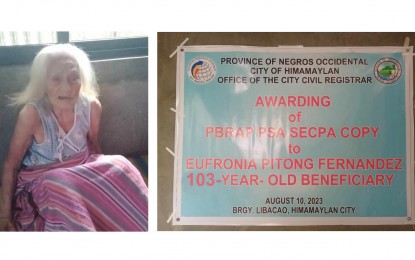 <p><strong>CENTENARIAN</strong>. Eufronia Pitong Fernandez (left), who was born on Aug. 5, 1920, was set to become the oldest beneficiary of the PhilSys Birth Registration Assistance Project in Negros Occidental, at age 103. A resident of Himamaylan City, she died on the night of Aug. 9, 2023 hours before she was supposed to receive her birth certificate in the official security paper from the Philippine Statistics Authority. <em>(Photos courtesy of PSA-Negros Occidental/Himamaylan CCRO)</em></p>