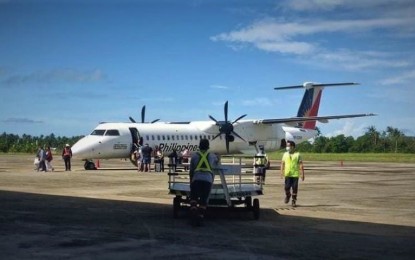 <p><strong>MORE FLIGHTS</strong>. A Philippine Airlines aircraft at the Calbayog City Airport. The airline, in an advisory on Tuesday (Aug. 22, 2023), said it is adding two more flights from Manila to airports in Catarman in Northern Samar and Calbayog City in Samar province starting in September. <em>(Photo courtesy of Calbayog tourism office)</em></p>