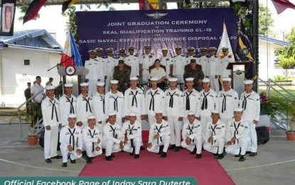 <p><strong>JOIINT GRADUATION</strong>. Vice President Sara Duterte attends as guest of honor during the graduation ceremony of the Philippine Naval Special Operations Command (Navsocom) at the Naval Base Heracleo Alano in Sangley Point, Cavite on Wednesday (Aug. 23, 2023). The event was a joint graduation of the SEAL Qualification Training (SQT) Class 15 and Basic Naval Explosive Ordnance Disposal Course (BNEOD) Class 20. <em>(Photo courtesy of OVP)</em></p>