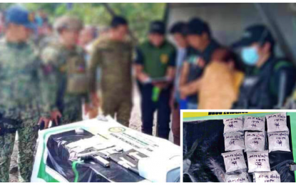 <p><strong>BUSTED.</strong> Authorities account for the illegal shabu drugs seized from a couple in Sultan Kudarat, Maguindanao del Norte on Tuesday (Aug. 22, 2023). Also seized from the suspects during the buy-bust (inset) were a .45-caliber pistol, mobile phones, various identification documents, and the vehicle they used in the transaction with a poseur-buyer. <em>(Photo courtesy of PDEA-Maguindanao)</em></p>