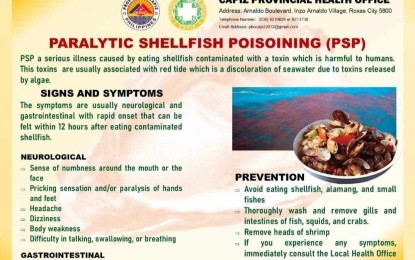 <p><strong>PARALYTIC SHELLFISH POISONING</strong>. The Provincial Health Office (PHO) has intensified its information and education campaign to prevent paralytic shellfish poisoning (PSP). Capiz has recorded 32 suspected PSP cases, including one death, as of Aug. 23, said PHO public information officer Ayr R. Altavas in a phone interview Thursday (Aug. 24, 2023). <em>(PNA graphics courtesy of Capiz PHO FB page)</em></p>