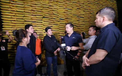 <p><strong>ENOUGH SUPPLY.</strong> Speaker Martin Romualdez joins the fact-finding mission of the Bureau of Customs in the inspection of several large rice warehouses in Bulacan on Thursday (Aug. 18, 2023). Romualdez said that based on their assessment, the accumulation of rice stocks in their warehouses could be adequate for a three-month supply. <em>(Photo courtesy of House Press and Public Affairs Bureau)</em></p>