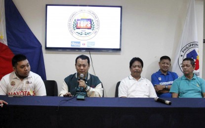 <p><strong>NEW LEAGUE</strong>. East Asia Basketball League Chairman Joseph Jocson (with microphone) explains the mechanics of the Under-23 Open Invitational Conference during the Tabloids Organization in Philippine Sports Inc. (TOPS) Usapang Sports at the Philippine Sports Commission (PSC) Conference Room inside the Rizal Memorial Sports Complex on Friday (Aug. 24, 2023). The tournament offers PHP50,000 to the winning team while the local government unit will also receive the same amount for its grassroots development program. <em>(PNA photo by Jesus M. Escaros Jr.)</em></p>