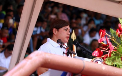 <p><strong>GUEST OF HONOR</strong>. Vice President and Education Secretary Sara Duterte calls on cadets to be role models in discipline and unity during the opening ceremony of the 2023 Reserve Officers' Training Corps Games Mindanao leg at Joaquin F. Enriquez Memorial Sports Complex in Zamboanga City on Sunday (Aug. 27, 2023). The tournament features athletics, arnis, 3x3 basketball, boxing, kickboxing, volleyball and esports<em>. (Photo courtesy of Philippine Sports Commission)</em></p>