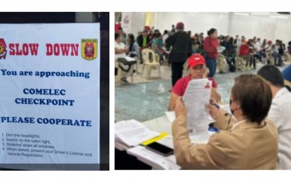 <p><strong>ELECTION PERIOD.</strong> A Commission on Elections checkpoint signage (left) in Bacolod City. On Monday (Aug. 28, 2023), aspirants in the Barangay and Sangguniang Kabataan Elections (right) file their certificates of candidacy at the Comelec booths in Robinsons Place Bacolod. <em>(Photos courtesy of BCPO, Comelec Bacolod City)</em></p>