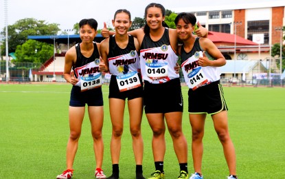 <p><strong>AWESOME.</strong> Christine Gomobos (extreme left) collected her fourth gold medal in the 4x400m relay event with Shara Mae Jamisola, Mary Joy Sumilhig and Rahima Jamil during the ROTC Games in Zamboanga City on Tuesday (Aug. 29, 2023). She also the 100m, 200m and the 4x100m relay with the same teammates. <em>(Photo courtesy of the Philippine Sports Commission)</em></p>