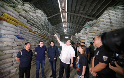 <p><strong>SURPRISE INSPECTION.</strong> House of Representatives Speaker Martin Romualdez (center) joins the Bureau of Customs in another surprise inspection of several large rice warehouses in Bulacan on Wednesday (Aug. 30, 2023) amid suspicions that the hoarding of rice supply is driving up the price of the staple grain. Romualdez called on the Bureau of Customs to send rice smugglers and hoarders to jail for committing a "heinous crime" against the poor by keeping this Filipino food staple out of their reach through price manipulation.<em> (Photo courtesy of House Press and Public Affairs Bureau)</em></p>