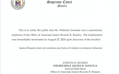<div dir="auto"><strong>SACKED</strong>. Wilfredo Gonzales, the former cop who went viral with a drawn gun during a confrontation with cyclist earlier this month, has lost his job at the Supreme Court. A statement from the office of Supreme Court Associate Justice Ricardo Rosario said Gonzales was a coterminous employee of the office but was terminated last Aug. 27 “upon discovery of the incident.” <em>(Screenshot courtesy of Benjamin Pulta)</em></div>
