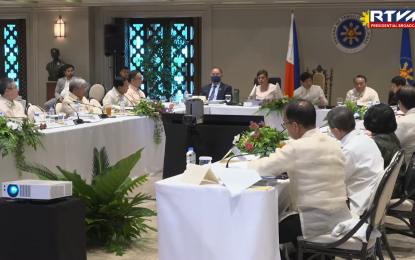 <p><strong>PERMANENT PEACE.</strong> President Ferdinand R. Marcos Jr. presides over the 2nd National Task Force to End Local Communist Armed Conflict (NTF-ELCAC) Executive Committee Meeting at the Heroes Hall of Malacañan Palace in Manila on Thursday (Aug. 31, 2023). During the meeting, Marcos and the NTF-ELCAC officials discussed ways to pursue "permanent peace and sustainable development" in insurgency-cleared areas in the country. <em>(Screenshot from Radio Television Malacañang)</em></p>