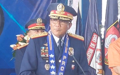 <p><strong>PNP CHIEF IN TOWN.</strong> Philippine National Police chief Gen. Benjamin Acorda Jr. speaks before the media on Friday (Sept. 1, 2023) at the headquarters of the Police Regional Office-10 in Cagayan de Oro City. Acorda visited the PRO-10 for the celebration of the 122nd Police Service Anniversary. <em>(Photo courtesy of PRO-10)</em></p>