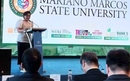 <p><strong>PH-CHINA SCHOOL COOPERATION.</strong> MMSU President Shirley Agrupis delivers a keynote speech at the China-ASEAN Forum in Guiyang City, China on Friday (Aug. 31, 2023). One of the highlights of the event was the signing of agreements between Philippine higher education institutions and Chinese schools to promote educational and research exchanges.<em> (Photo courtesy of MMSU)</em></p>