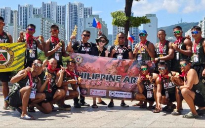 <p><strong>DOUBLE-GOLD WINNERS.</strong> The Philippine Army Dragon Warriors win two gold medals in the 11th Korean Open Busan International Dragon Boat Festival at Suyeong River, APEC Naru Park, Haeundae in Busan City on Sept. 2, 2023. The Philippines clinched the 200-meter and 300-meter events in the small boat category.<em> (Photo by Special Service Center)</em></p>