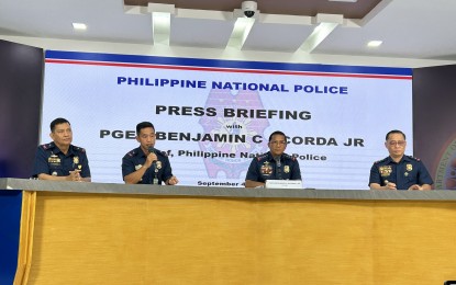 <p><strong>DRUG-FREE PNP. </strong>Top police officials hold a press briefing at the PNP headquarters in Camp Crame, Quezon City on Monday (Sept. 4, 2023). PNP Forensic Group chief Brig. Gen. Constancio Chinayog Jr. (2nd from left) said 24 police officers across the country have tested positive for illegal drug use since January this year. <em>(PNA photo by Lloyd Caliwan)</em></p>