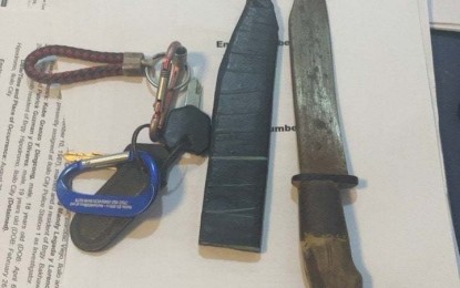 <p><strong>SEIZED</strong>. A bladed weapon was confiscated in an operation by the Iloilo City Police Office on Aug. 30, 2023. The gun ban is in line with the Barangay and Sangguniang Kabataan Elections slated Oct. 30. <em>(Photo courtesy of ICPO)</em></p>