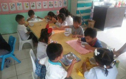<p><strong>EARLY EDUCATION.</strong> Enrollees at the Child Development Center in Sibalom, Antique, enjoy supplementary nutritional feeding during their first day of class on Monday (Sept. 4, 2023). Some 10,000 children are enrolled in 668 centers in the province this school year. (<em>Photo courtesy of PSWDO-Antique</em>)</p>