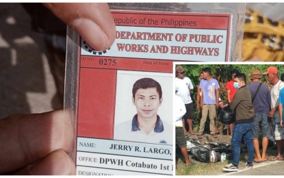 <p><strong>AMBUSHED.</strong> The identification card of ambush victim, Jerry Largo Jr., who was tailed and shot dead by motorcycle riding-in-tandem gunmen along the highway in Midsayap, North Cotabato, on Tuesday morning (Sept. 5, 2023). Inset photo shows motorists and civilians milling around the body of the victim, who is an employee of the Department of Public Works and Highways-North Cotabato First Engineering District Office. <em>(Photo by Maja Limuyak of Midsayap)</em></p>